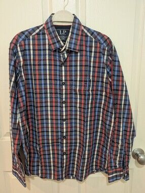 Louis Philippe Red Blue White Plaid Long-Sleeve Button Down Shirt